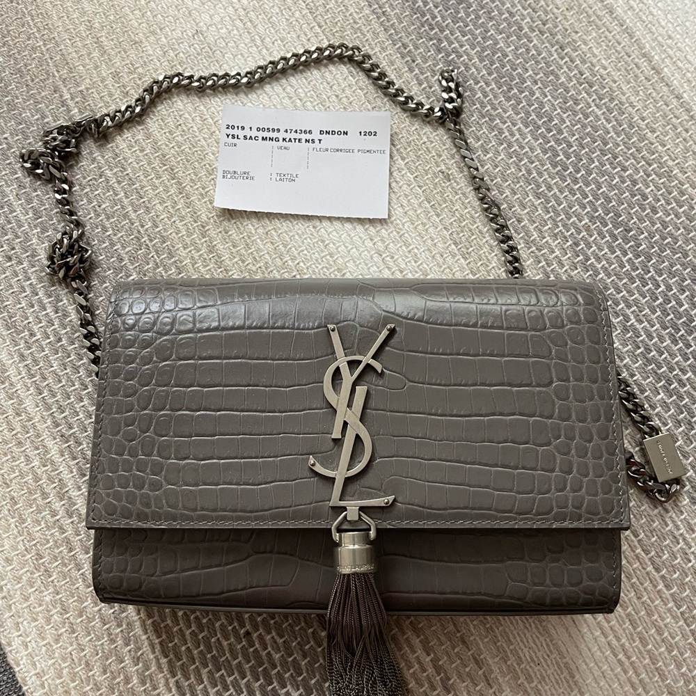 YSL- Saint Laurent Kate bag, gray embossed crocodile with silver tassel & chain